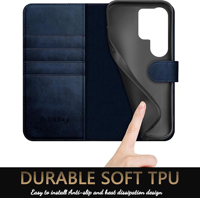 Compatible with Samsung Galaxy S25 Ultra Genuine Leather Wallet case【RFID Blocking】【4 Credit Card Holder】【Real Leather】 Flip Folio Book Phone case Cover Women Men for S25 Ultra case Dark Blue