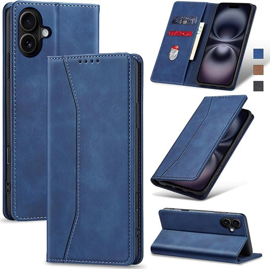 Jasonyu Flip Wallet Case for iPhone 16 Plus,Leather Magnetic Folio Cover with Card Holder,Kickstand - TPU Shockproof Durable Protective Phone Case,Blue