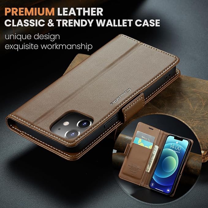 for iPhone 12 Mini Case, Premium PU Leather Wallet Case Flip Cover with [RFID Blocking][Card Holder][Stand Function] Shockproof Protective for iPhone 12 Mini 5.4 inch, Brown