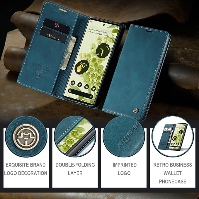 for Google Pixel 6 Case, Flip Wallet Leather Case with Card Holder Magnetic Closure Shockproof Kickstand Protective Phone Cases Cover for Google Pixel 6,Blue-Green