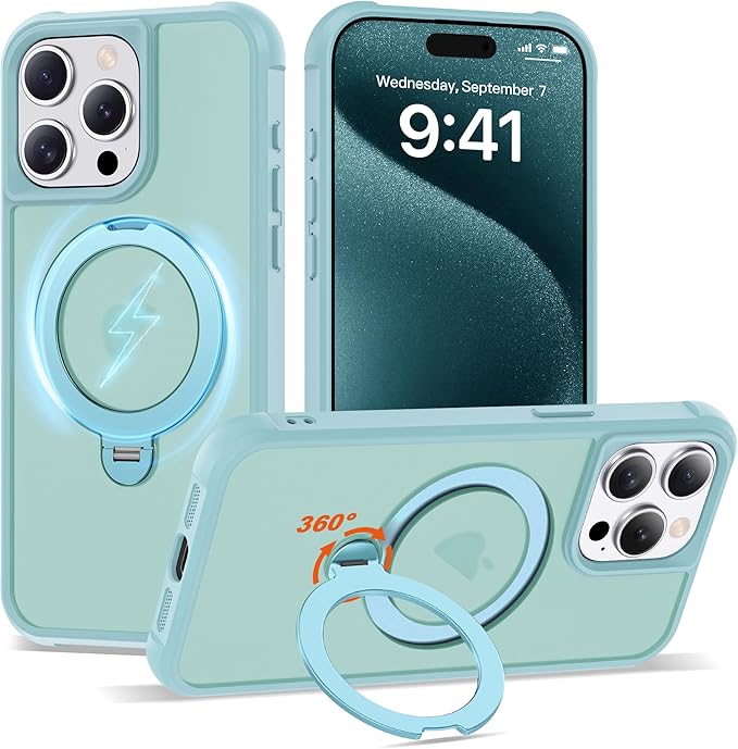 Compatible with iPhone 15 Pro Max Case with Invisible Magnetic 360°Spin Stand,Military-Grade Shockproof Protection [Compatible with Mag-Safe] Non-Slip Edge Translucent Case (6.7",Blue)