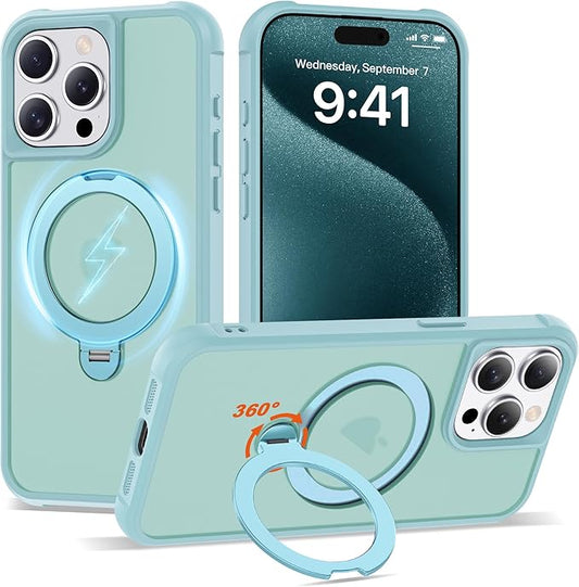 Compatible with iPhone 15 Pro Max Case with Invisible Magnetic 360°Spin Stand,Military-Grade Shockproof Protection [Compatible with Mag-Safe] Non-Slip Edge Translucent Case (6.7",Blue)