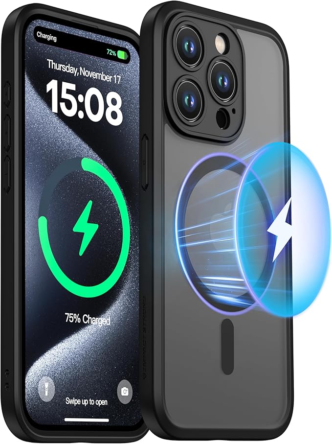 ImpactStrong Magnetic Guard Designed for iPhone 15 Pro Case [Camera Protection] [Military Grade Drop Tested] [Compatible with MagSafe] Slim Translucent Matte Phone Case (6.1") - Black