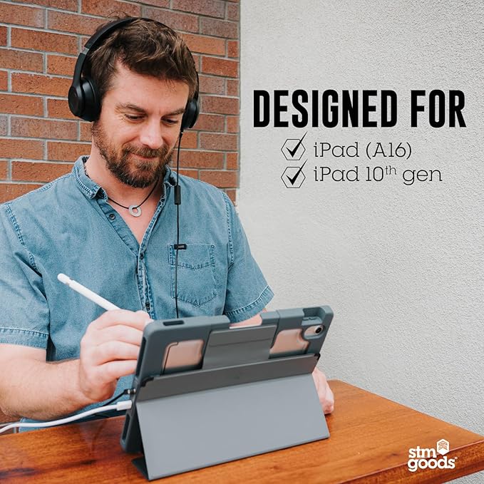 STM Goods Dux Ox for iPad (A16/10th Gen) Super Protective Case with Integrated 3.5mm Aux Jack, Translucent Back, Durable & Water-Resistant, Built-in Storage for Apple Pencil USB-C/Gen 1 - Black