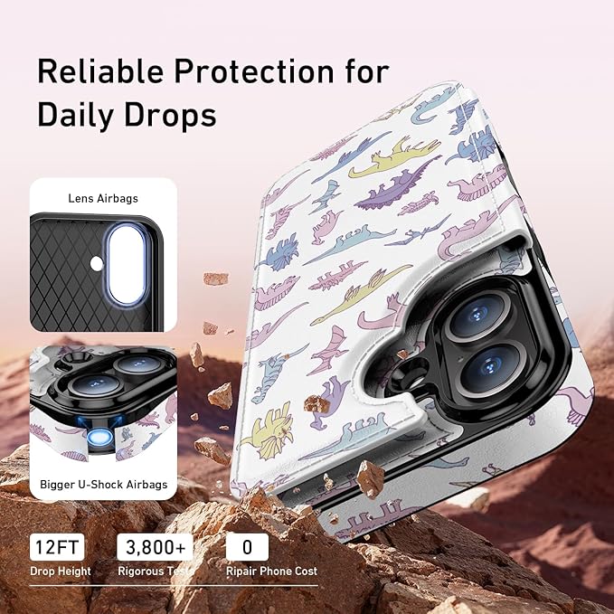 FUNMIKO for iPhone 16 Plus Wallet Case with Card Holder, RFID-Blocking, Military-Grade Protection & UV-Printed Artwork, Magnetic Closure with Leather Kickstand - Vibrantly Cute Dinosaur