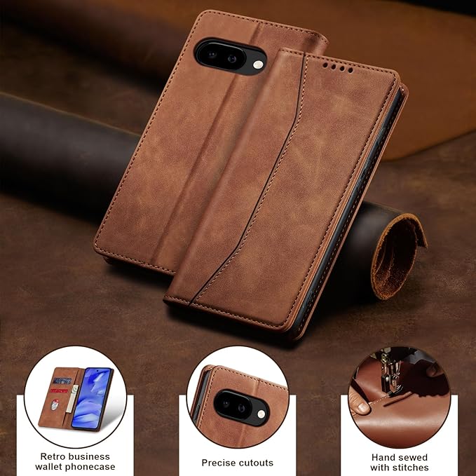 Jasonyu Flip Wallet Case for Google Pixel 9A,Leather Magnetic Folio Cover with Card Holder,Kickstand - TPU Shockproof Durable Protective Phone Case,Brown
