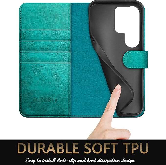 compatible with Samsung Galaxy S25 Ultra Genuine Leather Wallet case【RFID Blocking】【4 Credit Card Holder】【Real Leather】Flip Folio Book Phone case Cover Women Men for S25 Ultra case Blue Green