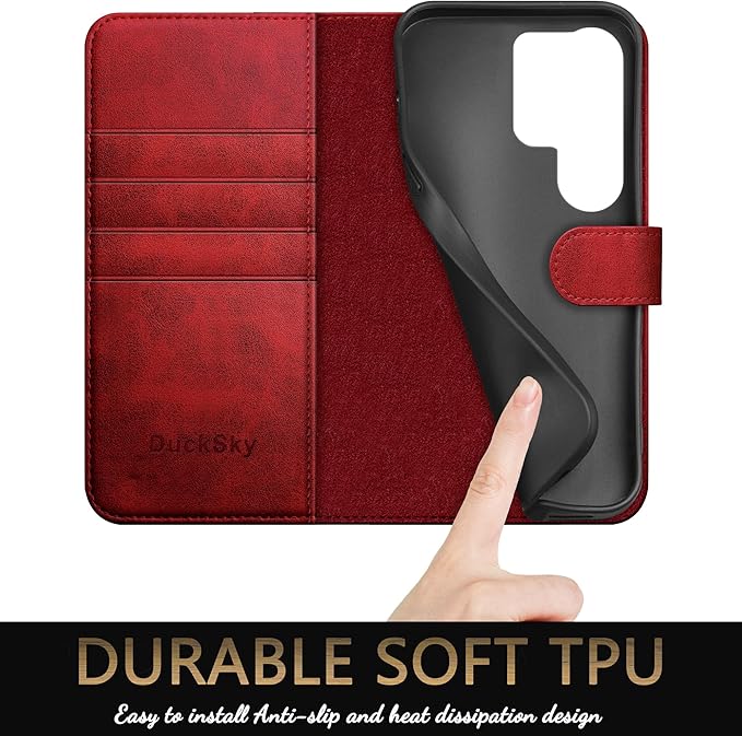 Compatible with Samsung Galaxy S25 Ultra Genuine Leather Wallet case【RFID Blocking】【4 Credit Card Holder】【Real Leather】 Flip Folio Book Phone case Cover Women Men for S25 Ultra case Red