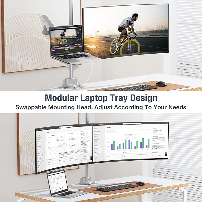 AVLT Laptop & 40 Inch Monitor Arm Pole Top Mount with USB-C USB-A Ports-Gray, VESA Compatible, Supports 26.4 lbs (12 kg), Ultrawide Screen Fit, Adjustable Height, Tilt Swivel Rotate, Cable Management