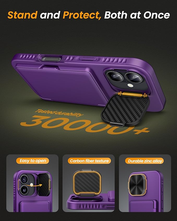 for iPhone 17 Case, Built-in Card Holder & Stand & Lens Cover, Military Grade Drop Tested Soft Silicone Edge Rugged Kickstand Protective Wallet Phone Case for iPhone 17 2025, Purple