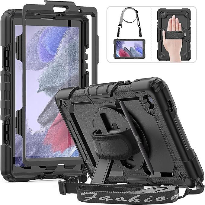 HXCASEAC Case for Samsung Galaxy Tab A7 Lite, Protective with Screen Protector/Hand Strap/Pen Holder, Sturdy A7 Lite Tablet Case, SM-T220 SM-T225 SM-T227, Black