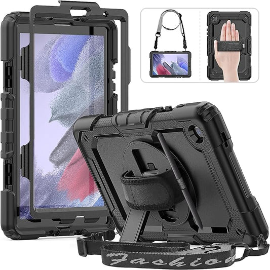 HXCASEAC Case for Samsung Galaxy Tab A7 Lite, Protective with Screen Protector/Hand Strap/Pen Holder, Sturdy A7 Lite Tablet Case, SM-T220 SM-T225 SM-T227, Black