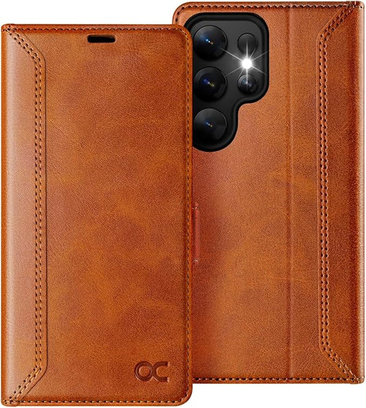 OCASE Compatible with Galaxy S25 Ultra Wallet Case, PU Leather Flip Folio Case with Card Holders RFID Blocking Kickstand [Shockproof TPU Inner Shell] Protective Phone Cover 2025, Retro Brown