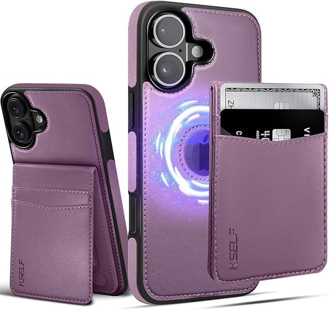 for iPhone 16 Leather Wallet Case, Compatible with Magsafe, 2 in 1 Detachable Magnetic Card Holder, RFID Blocking Kickstand Credit Slots Flip Case for Men Women, Purple