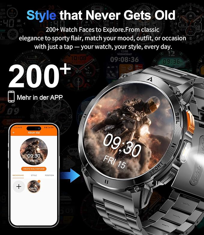 Smart Watches for Men Answer/Make Call, 1.62" AMOLED/730mAh Battery/LED Flashlight Military Smartwatch, 110+ Sports Modes IP68 Waterproof Fitness Tracker for Android iOS Black