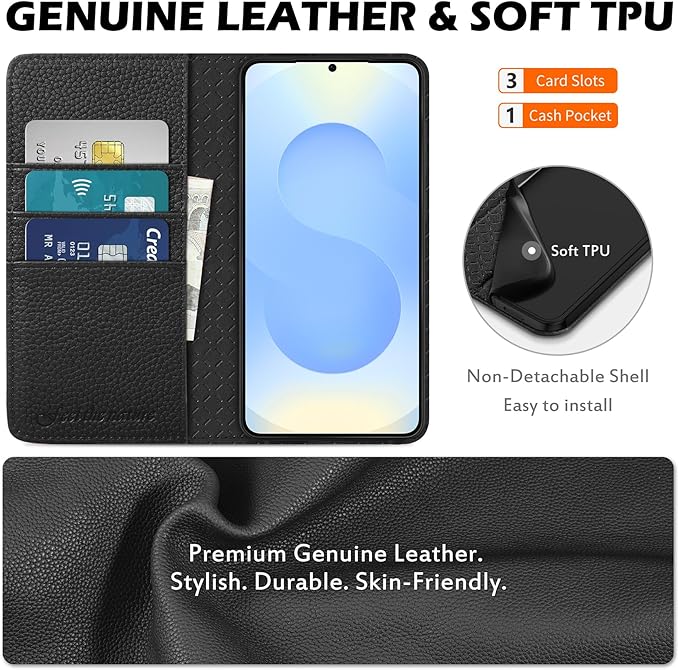 SHIELDON Wallet Case for Galaxy S25+ 5G, Genuine Leather Folding Case with Kickstand RFID Blocking Card Slots Magnetic Shockproof Phone Cover Compatible with Galaxy S25 Plus 6.7" - Pebbled Black