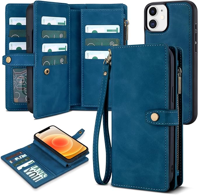 TwoHead for iPhone 12/12 Pro Wallet Case with Card Holder & Detachable Magnetic Phone Case,Leather All-Round Protection Phone Case for Women/Men,6.1IN,Navy Blue