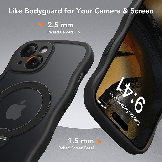 GolbinBox for iPhone 15 Case for Women,[Compatible with Magsafe][360° Spin Magnetic Stand][Cute Wave Edge][Military-Grade Protection] Translucent Matte Phone Case for iPhone 15, Black