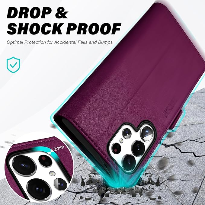 TUCCH Case Wallet for Galaxy S25 Ultra, Kickstand [RFID Blocking] Card Holder, Folio Magnetic PU Leather [TPU Shockproof Interior Case] Protective Cover Compatible with Galaxy S25 Ultra, Plum Purple