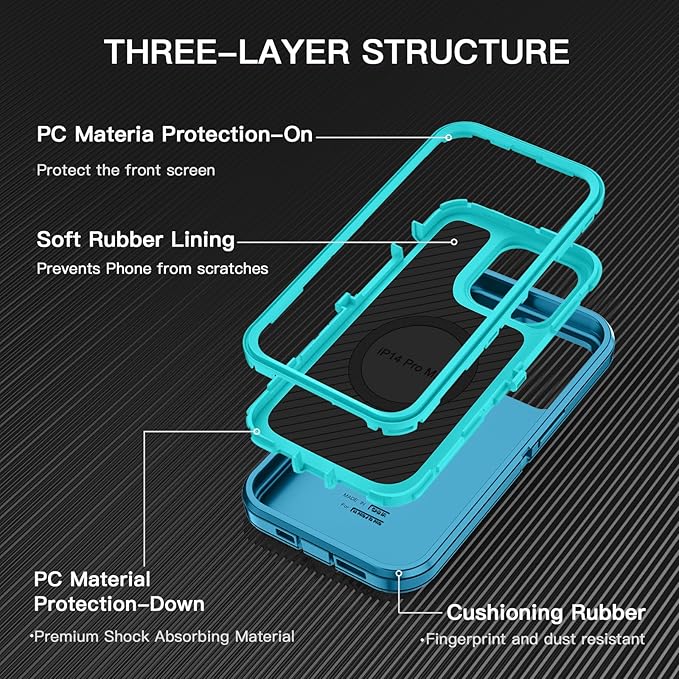 for iPhone 14 Pro Max Case [Compatible with MagSafe] Shockproof 3-Layer Full Body Protection Rugged Heavy Duty Cover Case for Apple iPhone 14 Pro Max 6.7",Turquoise
