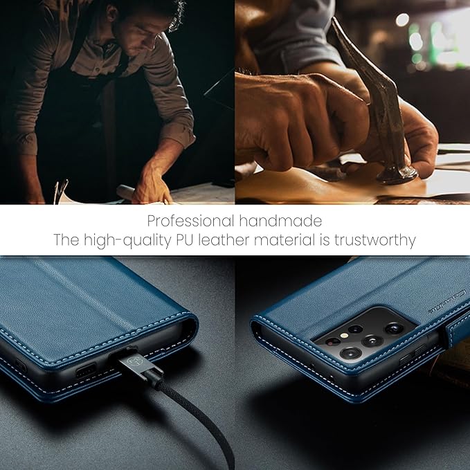 AUPAI for Samsung Galaxy S21 Ultra Wallet Case with Credit Card Holder, PU Leather RFID Blocking Folio Flip Kickstand Magnetic Clasp Protective Phone Cover for Women Men Blue