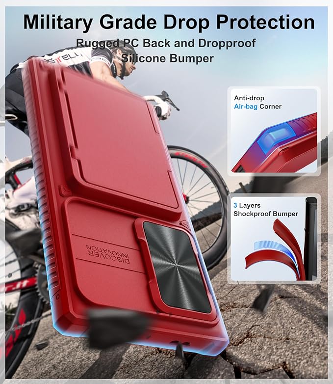 for Samsung Galaxy S23 Ultra Case with Card Holder (Store 4-5 Cards) & Slide Camera Cover & Kickstand, Military Grade Drop Protection, Shockproof Wallet Cases for Samsung S23 Ultra, Red