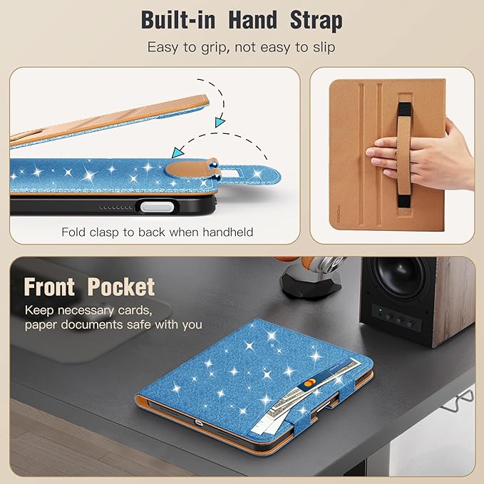 MoKo for iPad (A16) 11th Generation Case 11 inch 2025, iPad 10th Generation Case 10.9" 2022 with Pencil Holder & Pocket, Premium Leather Folio Stand Cover, Multiple Viewing Angles,Glitter Sky Blue