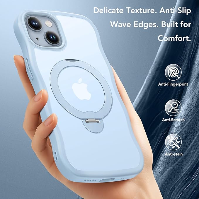 for iPhone 13 Case & iPhone 14 Case for Women,[Compatible with Magsafe][360° Spin Magnetic Stand][Cute Wave Edge][Military-Grade Protection]Translucent Matte Phone case for iPhone 13/14, Baby Blue