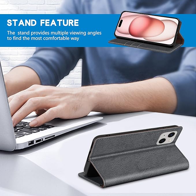 ZZXX for iPhone 15 Wallet Case with [RFID Blocking] Card Slot Stand Strong Magnetic Leather Flip Fold Protective Phone Case for iPhone 15 Case Wallet(Grey-6.1 inch)