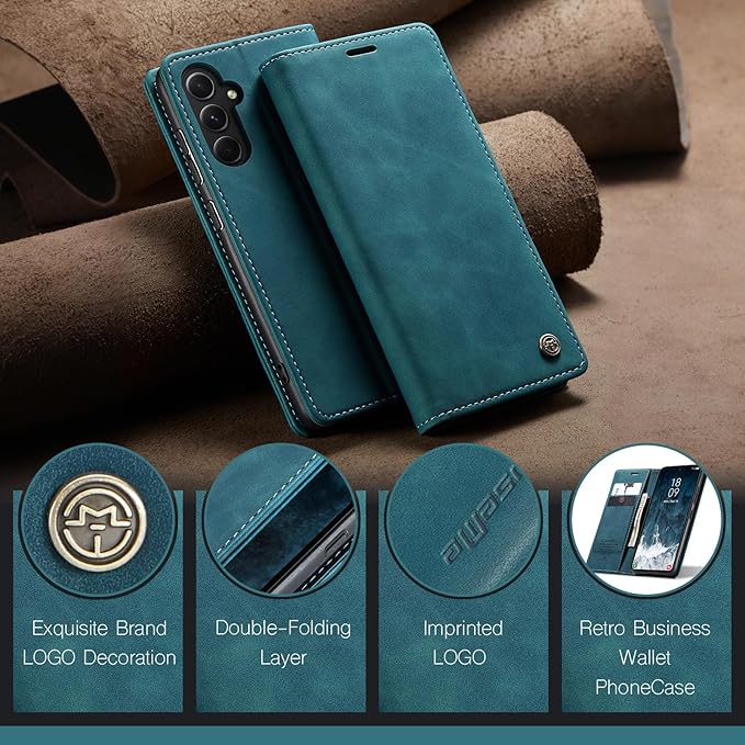 for Samsung Galaxy S23 FE Case, Flip Wallet Leather Case with Card Holder Magnetic Closure Shockproof Kickstand Protective Phone Cases Cover for Samsung S23 FE,Blue-Green