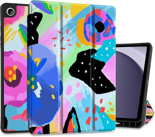 MEEgoodo Case for Samsung Galaxy Tab A9 Plus 11 inch Cover 2024 2023 with S Pen Holder, A9+ Smart Tablet Cases with Trifold Stand+Soft TPU Back Shell+Smart Auto Wake/Sleep, Colorful Painted Floral
