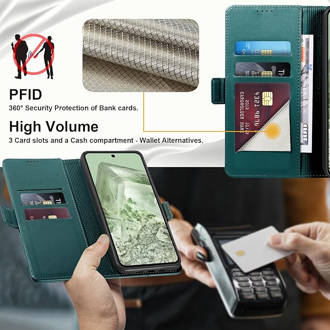 Wallet Flip Case for Google Pixel 8 - [RFID Blocking] Luxury PU Leather Card Holder Magnetic Phone Cover with Kickstand,Shockproof Protective Case,Green