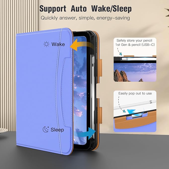 MoKo for iPad (A16) 11th Generation Case 11 inch 2025, iPad 10th Generation Case 10.9" 2022 with Pencil Holder & Pocket, Premium Leather Folio Stand Cover, Multiple Viewing Angles, Light Blue Purple