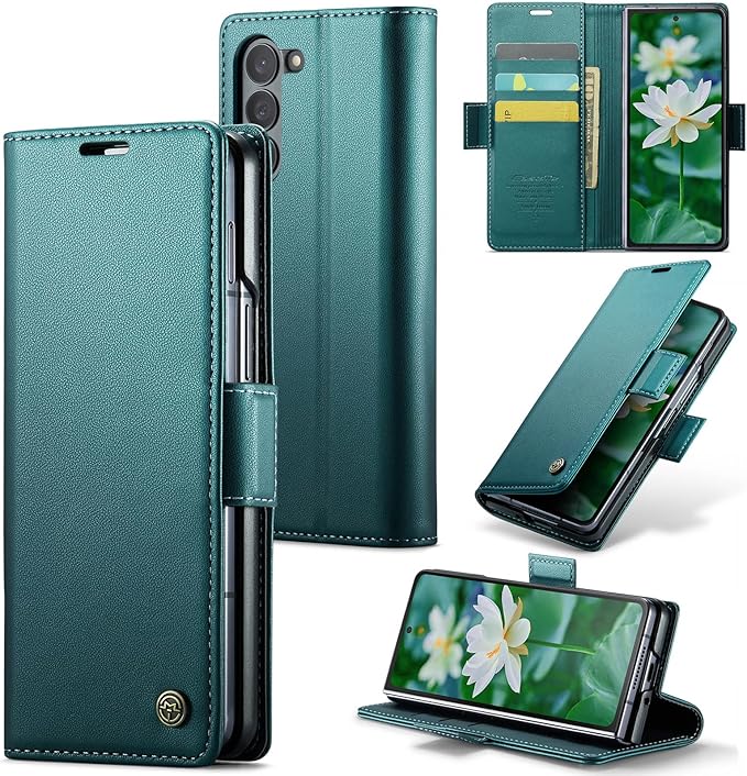for Samsung Galaxy Z Fold 6 Case, Premium PU Leather Wallet Case Flip Cover with [RFID Blocking][Card Holder][Stand Function] Shockproof Protective for Samsung Galaxy Z Fold 6, Blue-Green