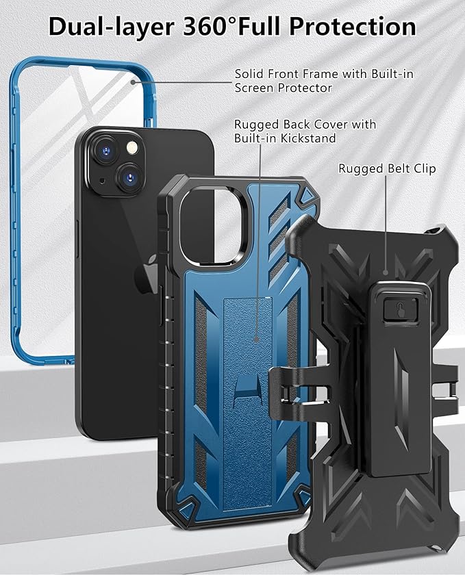 for iPhone 13/14 Protective Case: for iPhone 16e Cover with Belt Clip Holster | Durable Dual-Layer Design with Built-in Kickstand | Heavy Duty Military Grade Hard Protection Shock Proof Blue