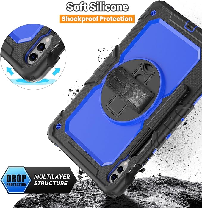 SEYMAC Case for Samsung Galaxy Tab S10+ Plus 2024/ S9 FE+ Plus/ S9+ Plus 12.4" 2023, Heavy Duty Shockproof Protective Case with Screen Protector, Stand, Hand/Shoulder Strap and Pen Holder, Blue