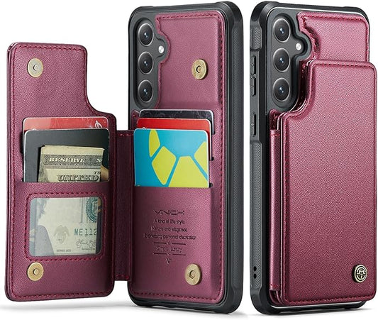 Vinich for Samsung Galaxy S25 Plus Wallet Case with Card Holder, RFID Blocking Credit Slots Kickstand Shockproof Phone Cover for Women Men, Wine Red