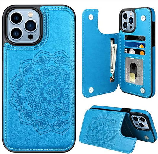 MMHUO for iPhone 15 Pro Max Case with Card Holder,Flower Magnetic Buttons Protective Wallet Case for Women for iPhone 15 Pro Max,Blue