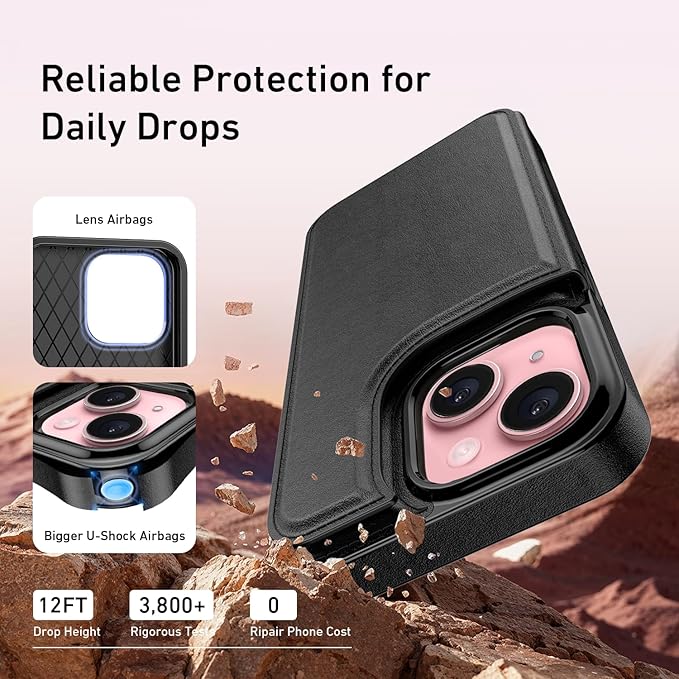 FUNMIKO for iPhone 15 Wallet Case with Card Holder, RFID-Blocking, Military-Grade Protection & UV-Printed Artwork, Magnetic Closure with Leather Kickstand - Black