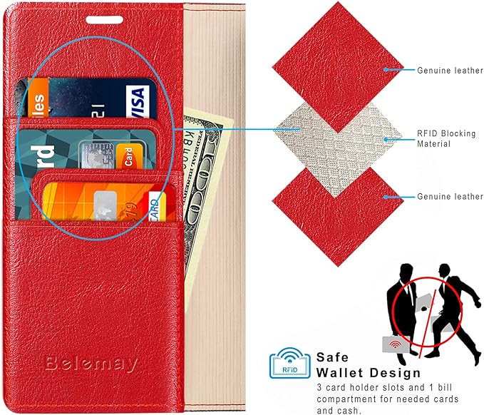 Belemay Compatible with iPhone 14 Pro Wallet Case-Genuine Leather Flip Phone Case-RFID Blocking Card Holders-Shockproof TPU Shell Folio Book Cover Women Men Compatible with iPhone 14 Pro (6.1") Red