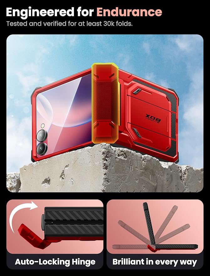 i-Blason for Samsung Galaxy Z Flip 7 Case with Stand, [Tempered Glass Screen Protector] [Hinge Protection] [Belt-Clip], Full-Body Military Protection Phone Case for Samsung Z Flip 7, Armorbox, Red