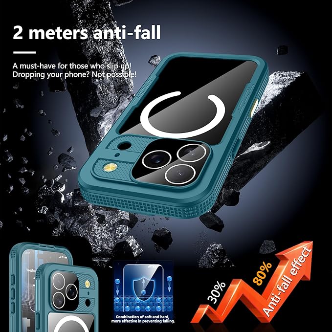 GOLDJU Magnetic for iPhone 17 Pro Case-Waterproof, Built-in Screen & Camera Protector-IP68 Underwater Full Body 16FT Military Dropproof Shockproof Case for 17 Pro 6.3''- Blue
