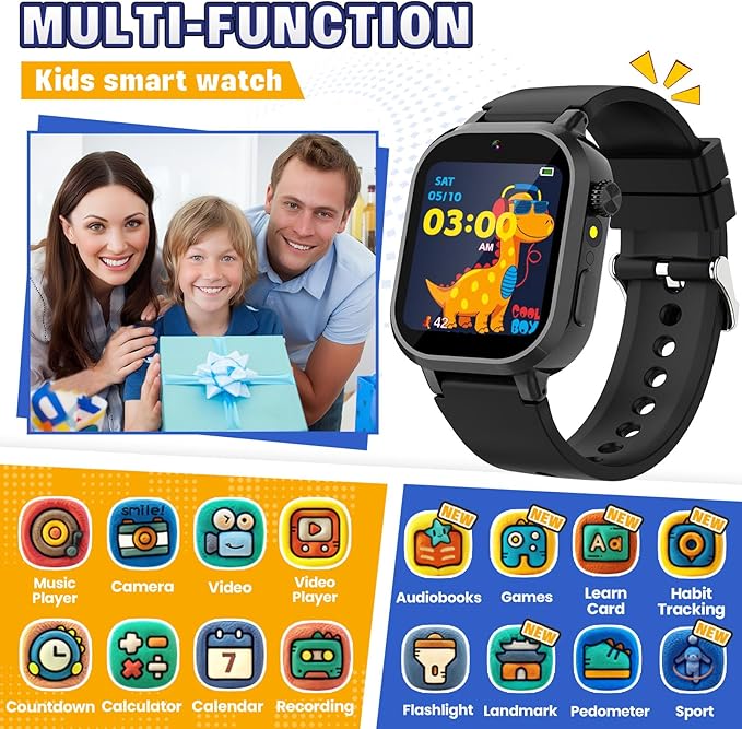 Vakzovy Kids Waterproof Smart Watch Girls Gift Age 3-12 with 39 Game HD Touch Screen Video Camera Music Player Pedometer Alarm Clock Birthday Gift for 6 7 8 9 Year Olds Black