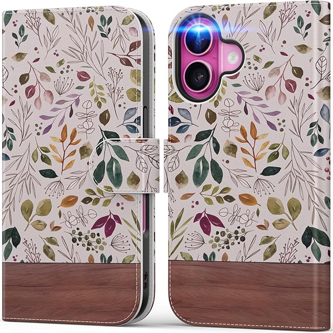 DEENAKIN for iPhone 16 Plus Wallet Case with Card Holder + Cash Clip, RFID-Blocking, Military-Grade Drop Protection, Magnetic Closure with Leather Kickstand - Vibrant Foliage