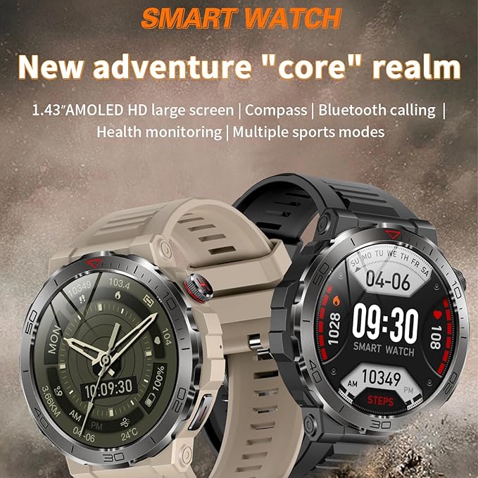 Smart Watch 1.43" AMOLED Display, Bluetooth Calling, IP68 Waterproof, Heart Rate Monitoring, Sleep Monitoring，Multi-Sport Fitness Tracking, Voice Assistant (Yellow)