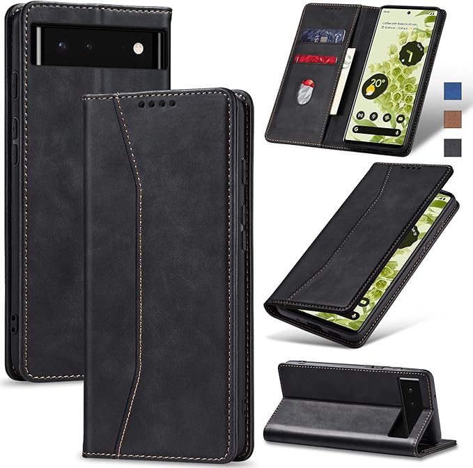 Jasonyu Flip Wallet Case for Google Pixel 6 5G,Leather Magnetic Folio Cover with Card Holder,Kickstand - TPU Shockproof Durable Protective Phone Case,Black