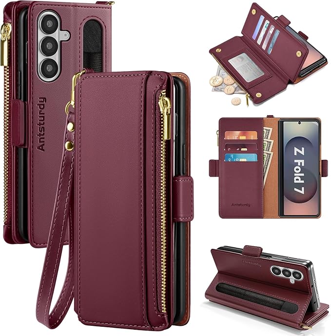 Antsturdy Compatible with Samsung Galaxy Z Fold7 Case Wallet with Card Holder,Z Fold 7 5G Phone Case with Strap Shockproof PU Leather RFID Blocking Flip Cover Credit Card Slots Women Men,Wine Red