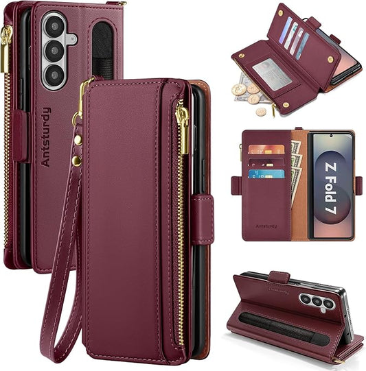 Antsturdy Compatible with Samsung Galaxy Z Fold7 Case Wallet with Card Holder,Z Fold 7 5G Phone Case with Strap Shockproof PU Leather RFID Blocking Flip Cover Credit Card Slots Women Men,Wine Red
