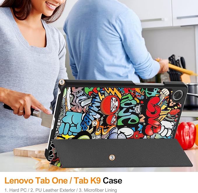 Case for Lenovo Tab One 8.7'' / Tab K9 Case, Folding Folio Ultra-Thin PU Leather Stand Case Cover with Auto Wake/Sleep for Lenovo Tab K9 8.7 Inch Graffiti