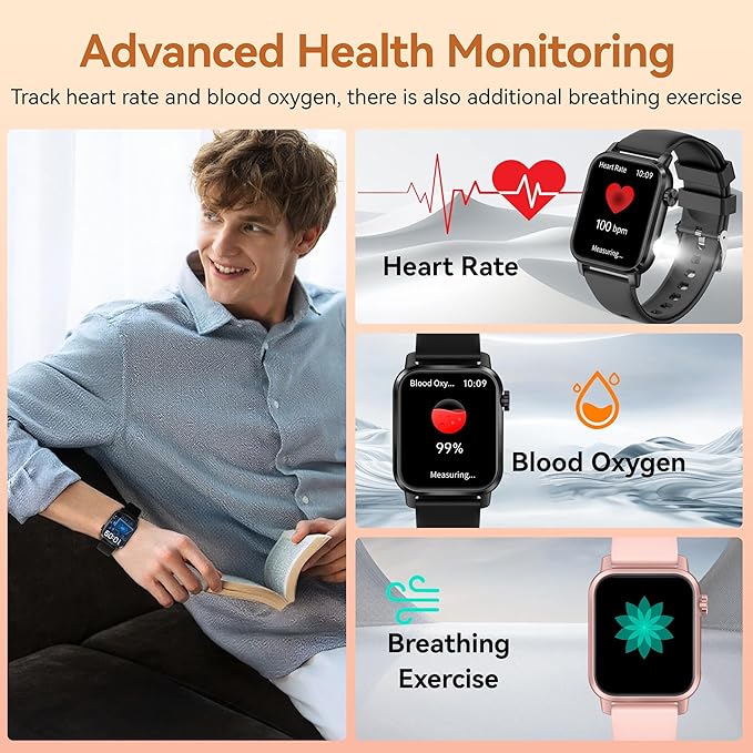 KPEP Smart Watches with LED Flashlight, 1.85" HD Smartwatches for Men Women, Answer/Make Calls, Heart Rate/SpO2/Sleep Monitor, 100+ Sport Modes, IP68 Waterproof Fitness Tracker for iOS Android, Black